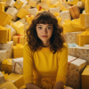 Молодая женщина в желтом платье сидит в окружении множества упакованных подарков.