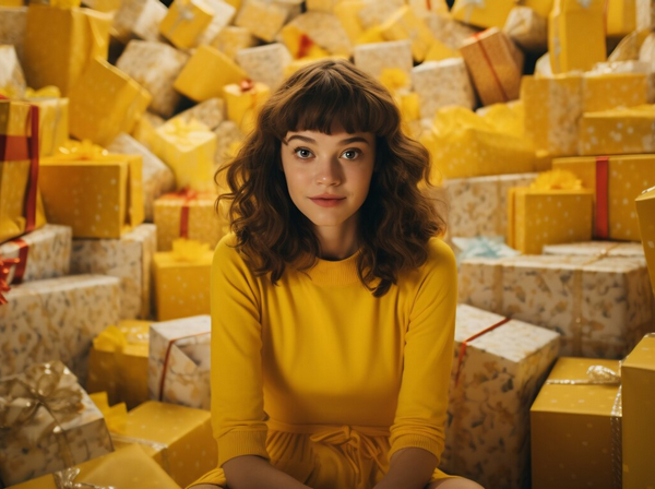 Молодая женщина в желтом платье сидит в окружении множества упакованных подарков.