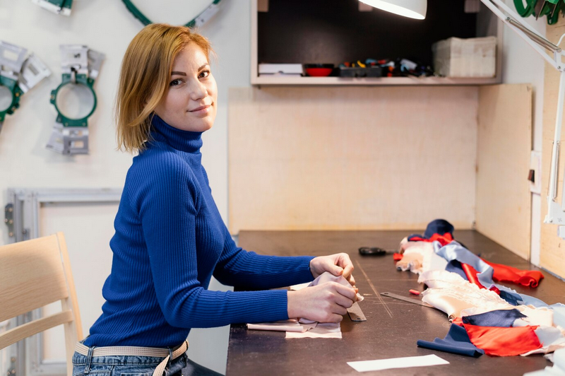 Женщина в синем свитере работает на захламленном швейном участке.