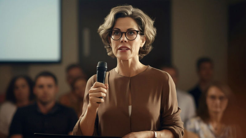 Женщина с короткими волосами и в очках говорит в микрофон перед аудиторией.